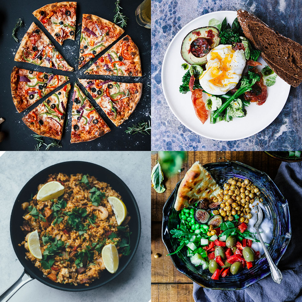 A four-image collage showcasing various meal preparations: sliced pizza, poached egg with salad, rice with lemon and herbs, and a bowl of chickpeas with vegetables and flatbread.