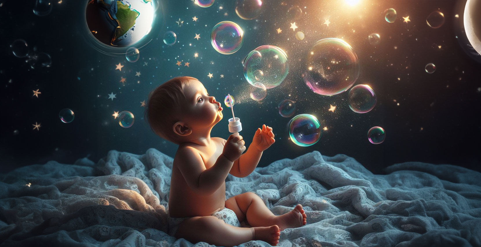 A baby sits on a soft blanket, gazing upward while blowing bubbles that transform into a mesmerizing display of planets and stars, suggesting a universe of wonder and exploration.