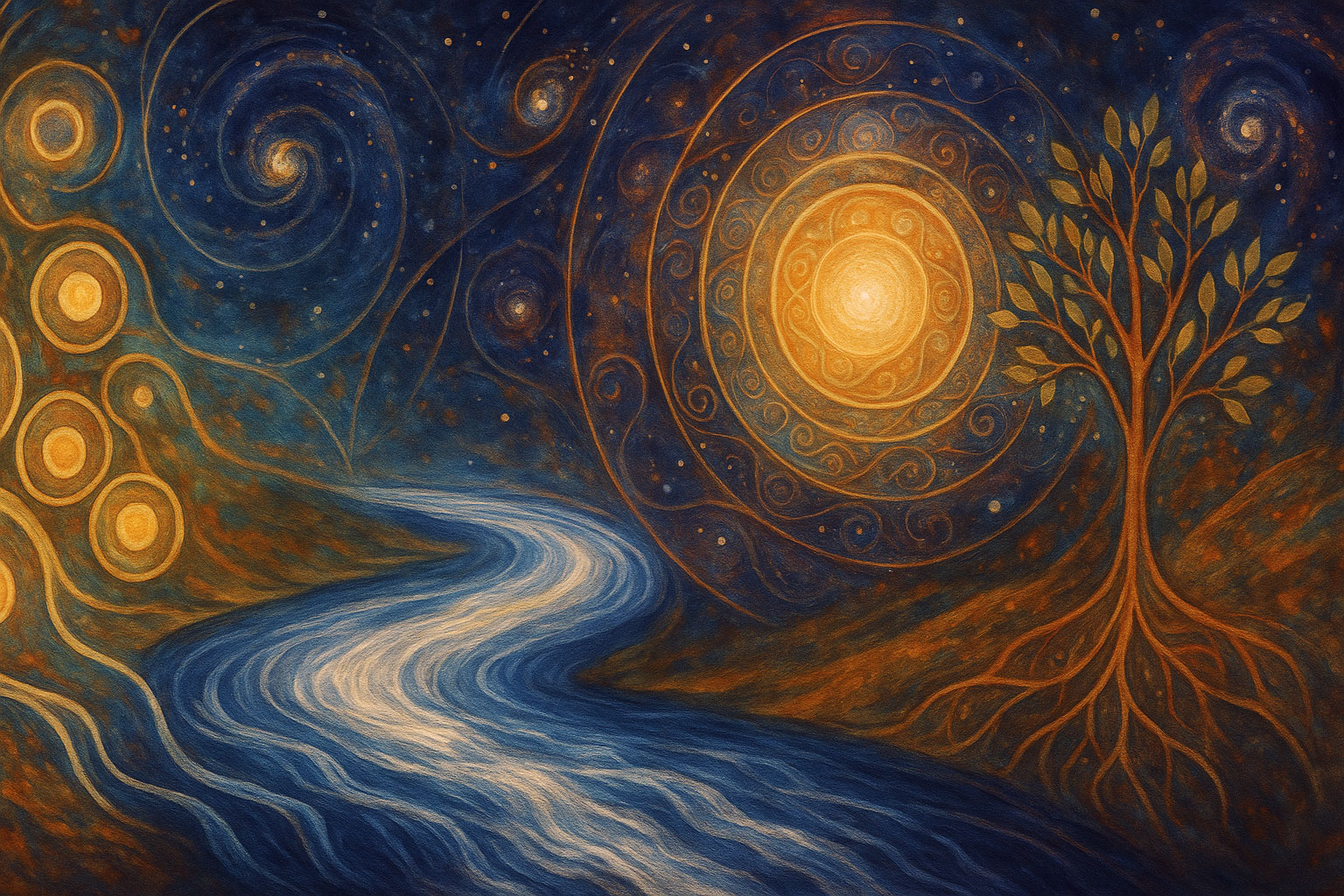 A stylized tree with exposed roots stands beside a flowing river under a dark, starry sky with swirling patterns.