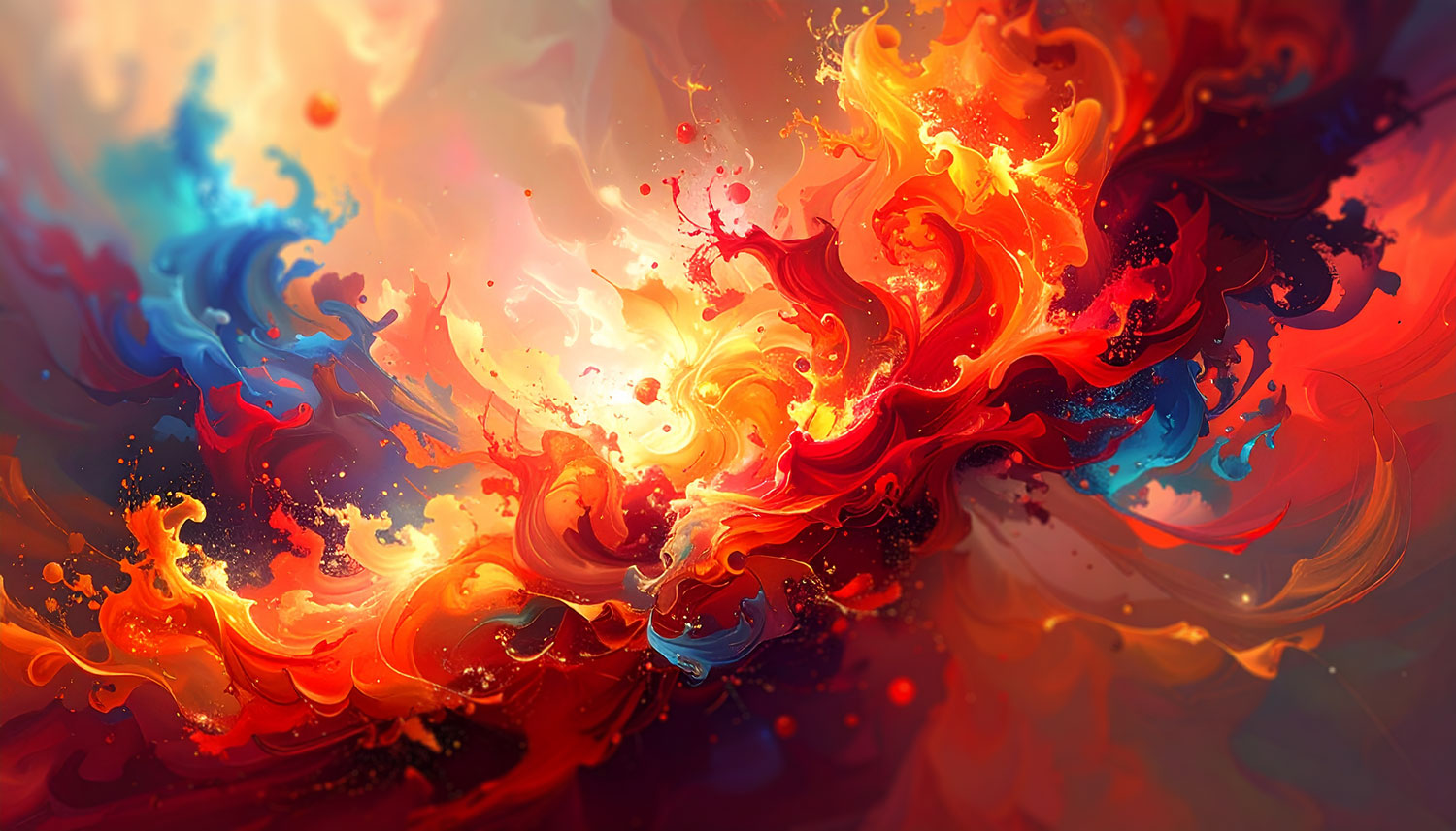 An abstract oil painting depicting swirling nebulae in shades of red, orange, yellow, blue, and black.