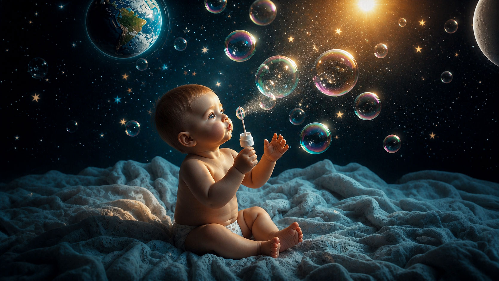 A baby sits on a soft blanket, gazing upward while blowing bubbles that transform into a mesmerizing display of planets and stars, suggesting a universe of wonder and exploration.